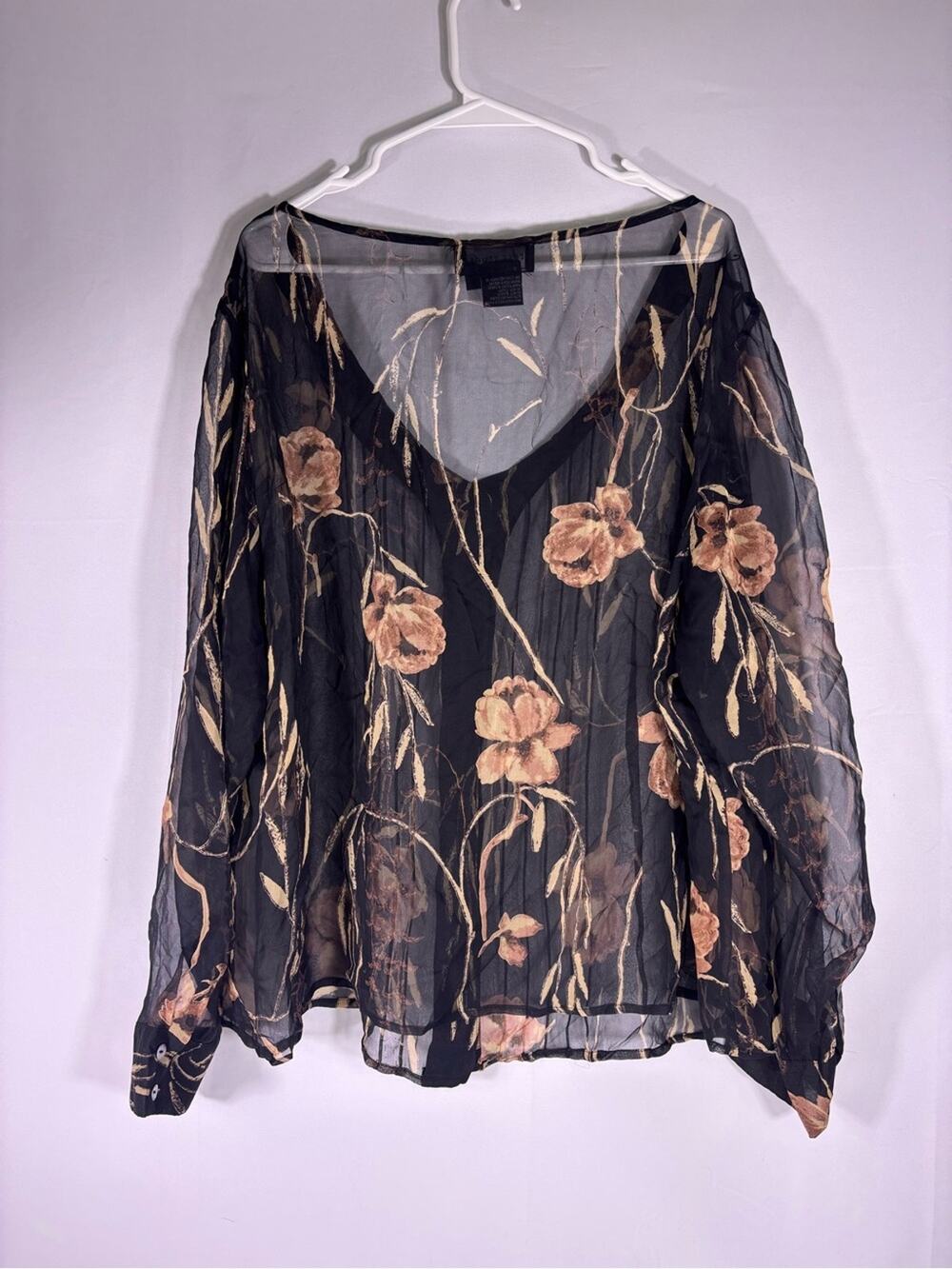 Tess Studio 100% Silk Sheer Floral Blouse Moody Romantic Goth Boho Top 2X